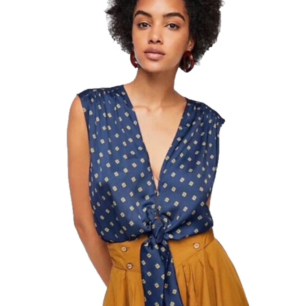 Free People Mornings in Marrakesh sleeveless tie-front top blue geometric s L